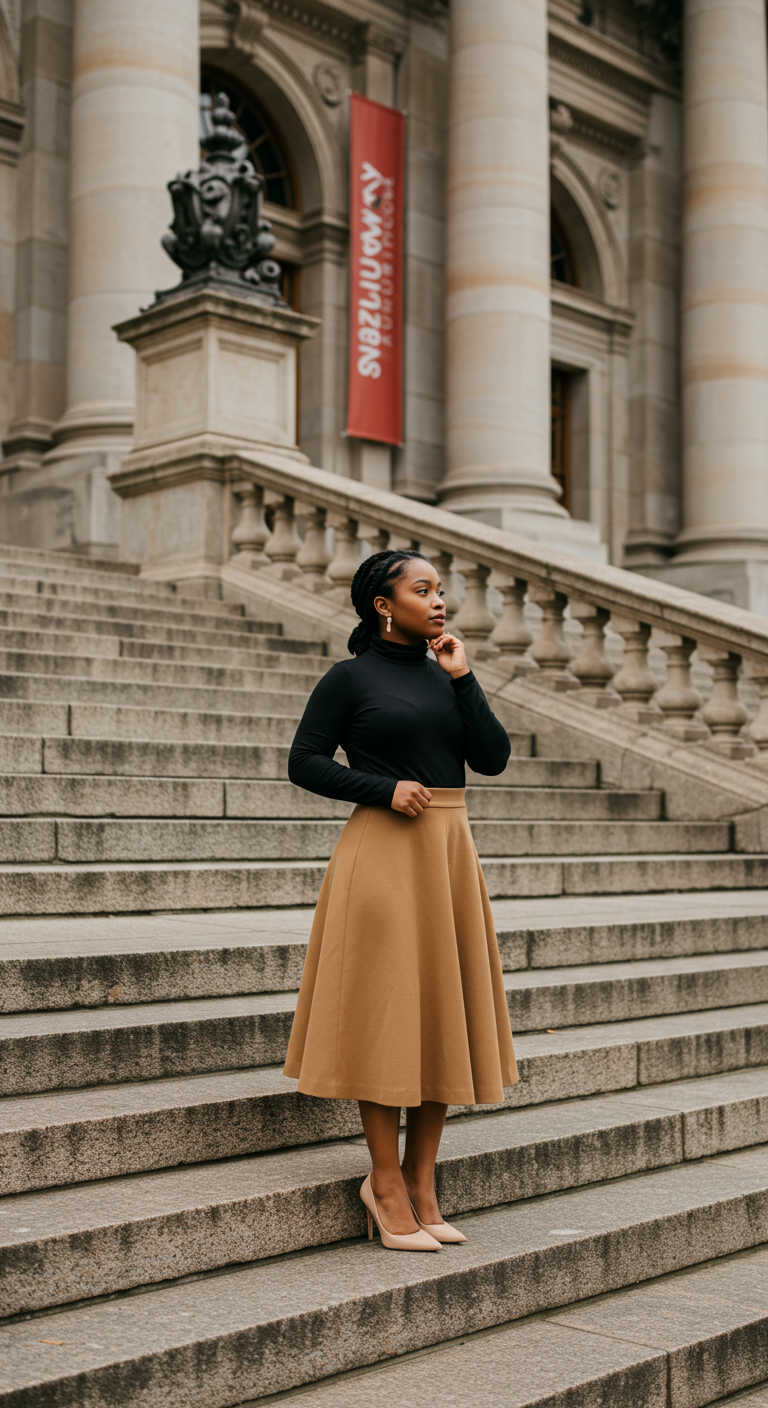 Woman in a black turtleneck, camel A-line midi skirt, and nude pumps on stone steps.