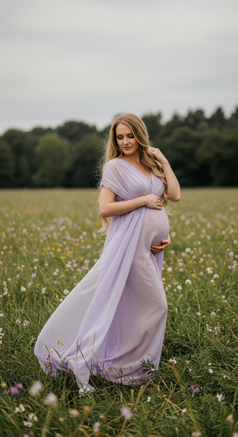 Pregnant woman in a sheer lavender flowing gown in a field of wildflowers.