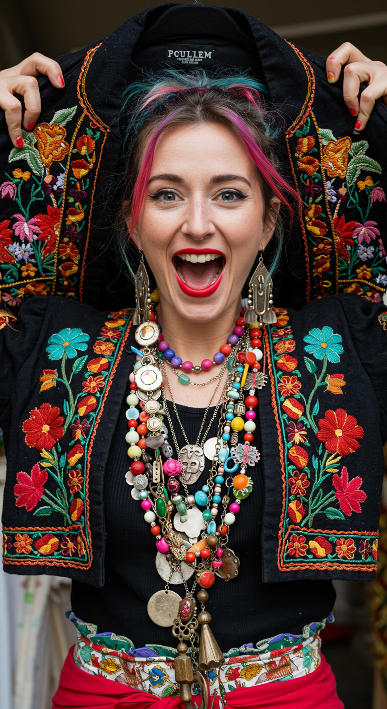 Woman with colorful hair holding up an embroidered jacket, wearing many necklaces.