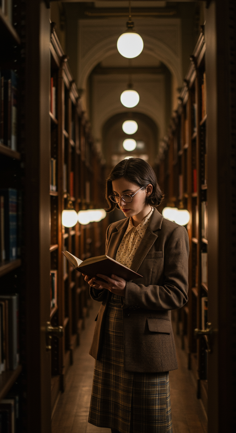 Woman in polka dot blouse, tweed blazer, and plaid skirt reading in a library.