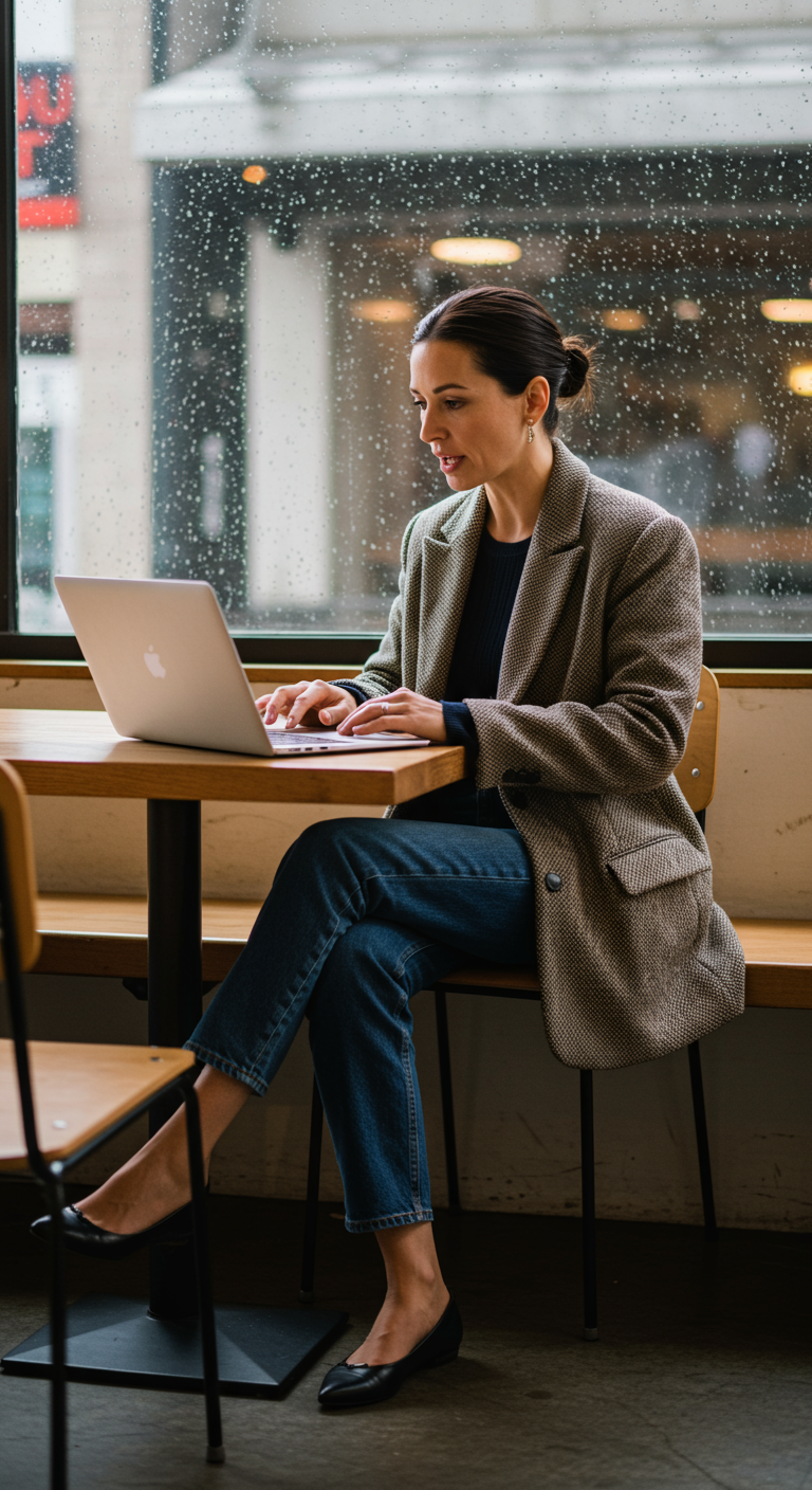 Woman in tweed blazer and jeans working on laptop in a coffee shop.