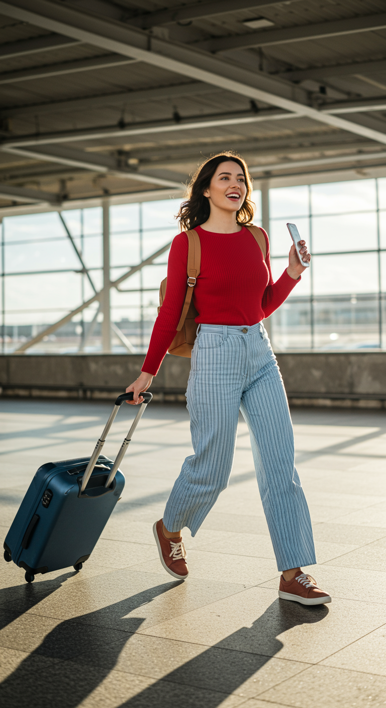 Woman in a red top and pinstripe wide-leg pants pulling a suitcase.