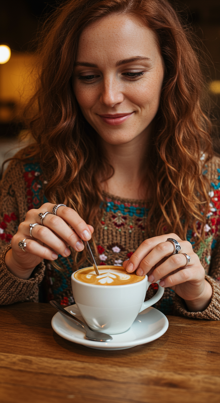 Woman with red hair in patterned sweater stirring coffee, wearing rings.
