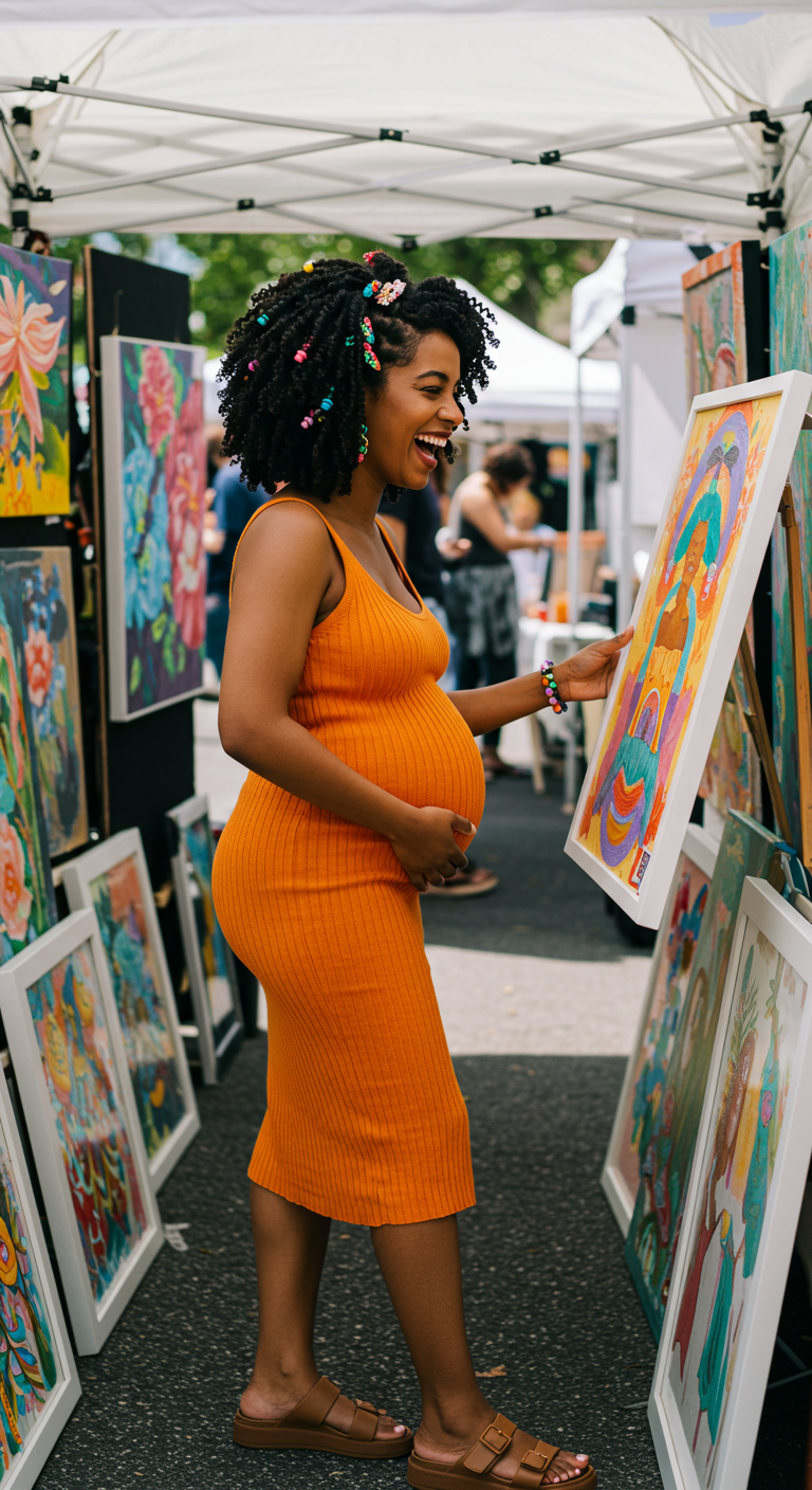 Pregnant woman in an orange tank dress and sandals at an outdoor art market.