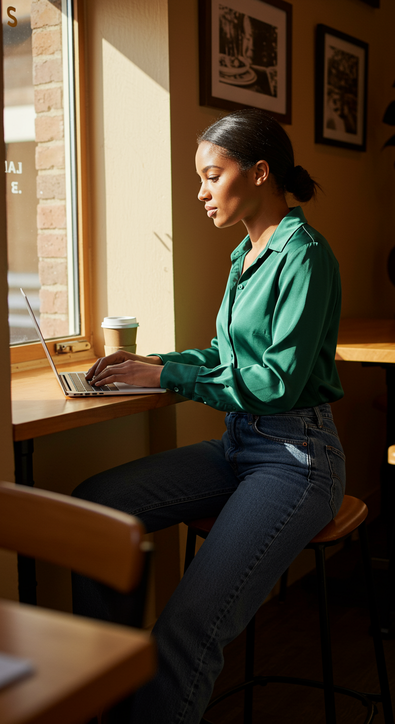 Woman in green silk blouse and dark jeans working on laptop in cafe.