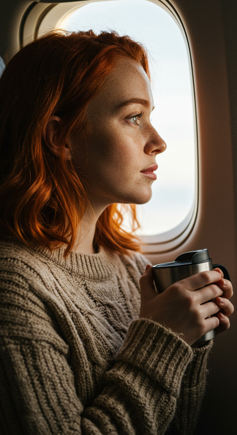 Woman with red hair in a chunky beige cable-knit sweater looking out an airplane window.