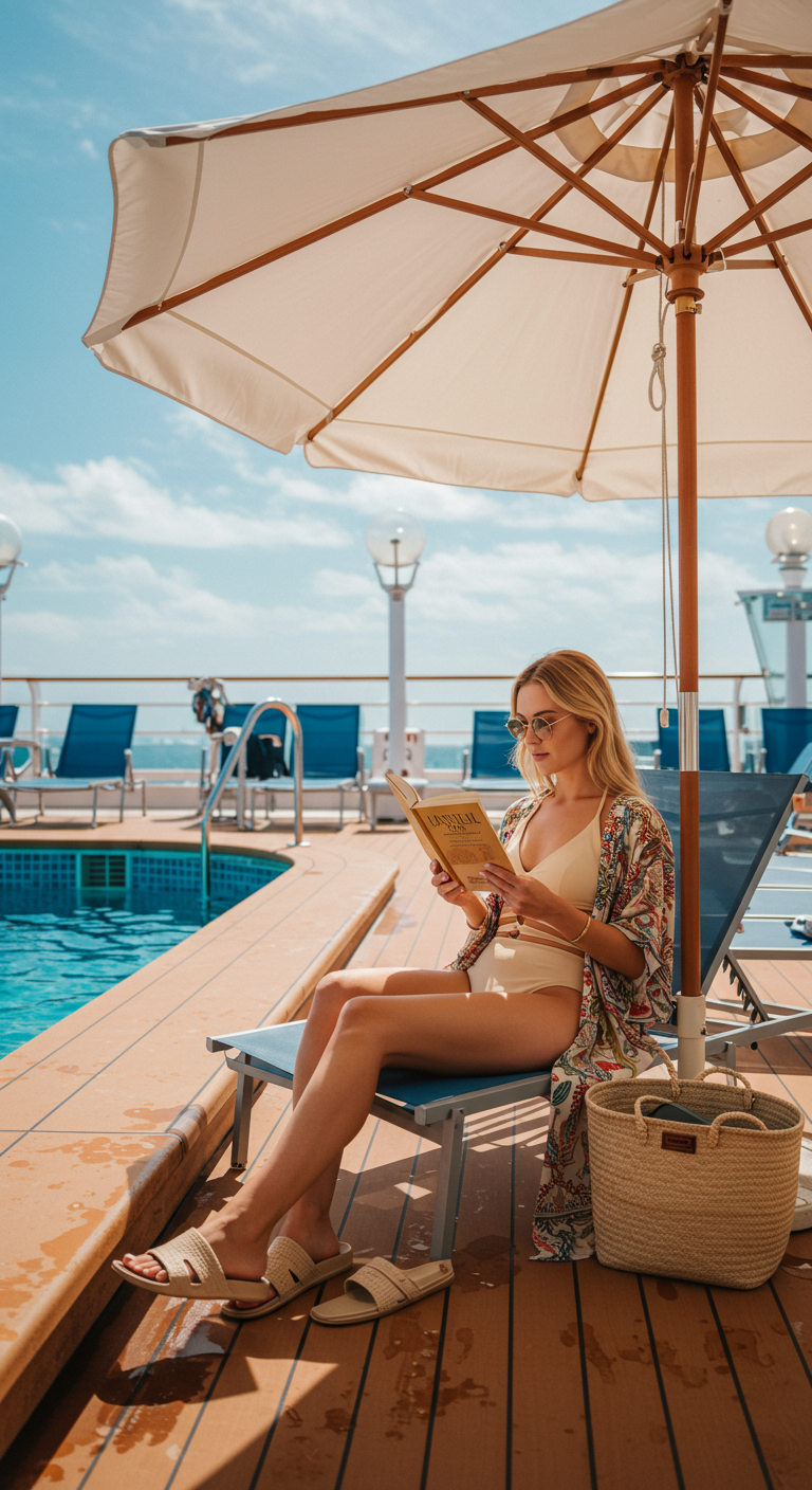 Woman in swimsuit and kimono reading by a cruise ship pool.