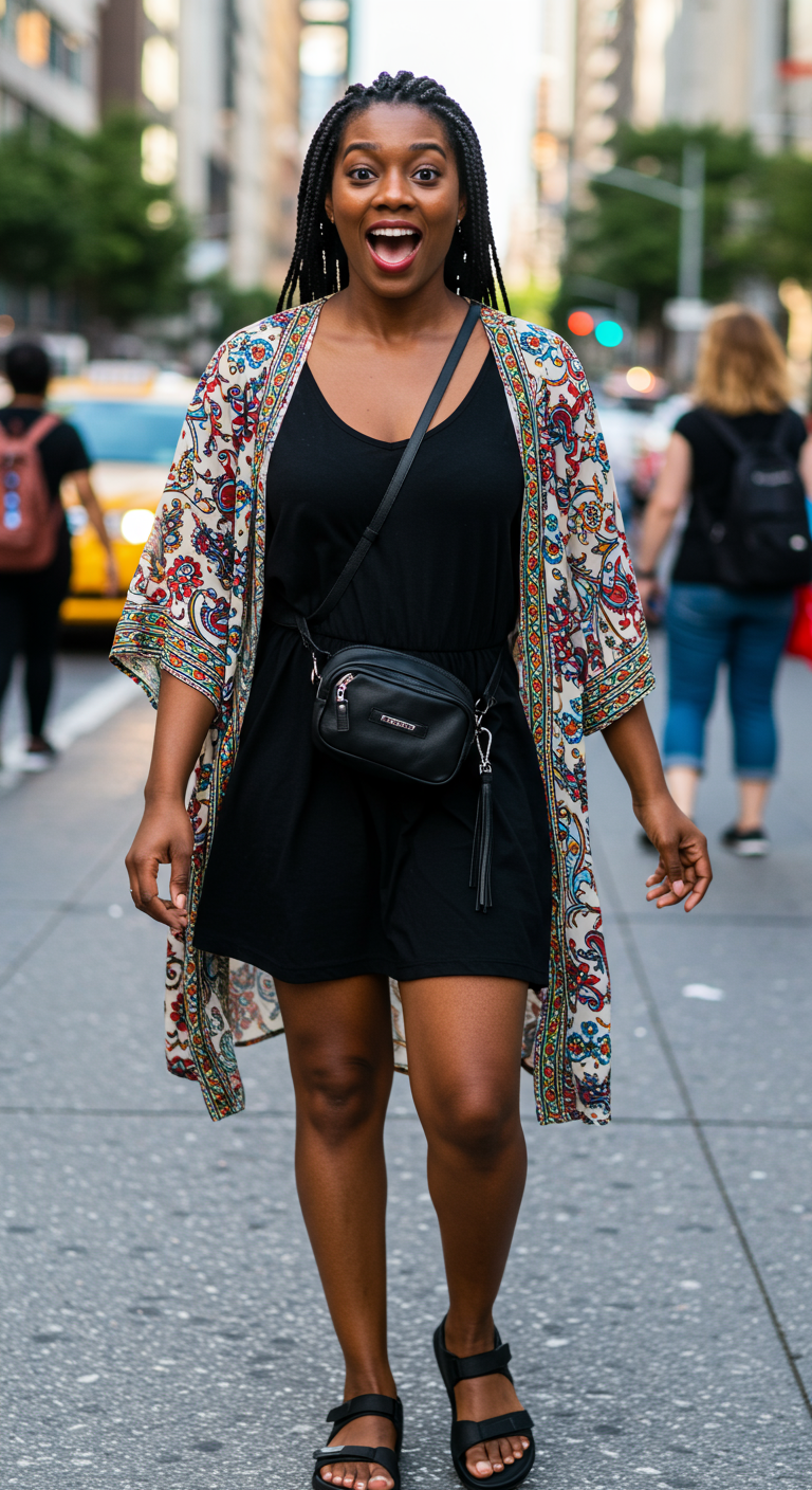 Woman in a black dress, colorful kimono, and sporty sandals walking on a city street.