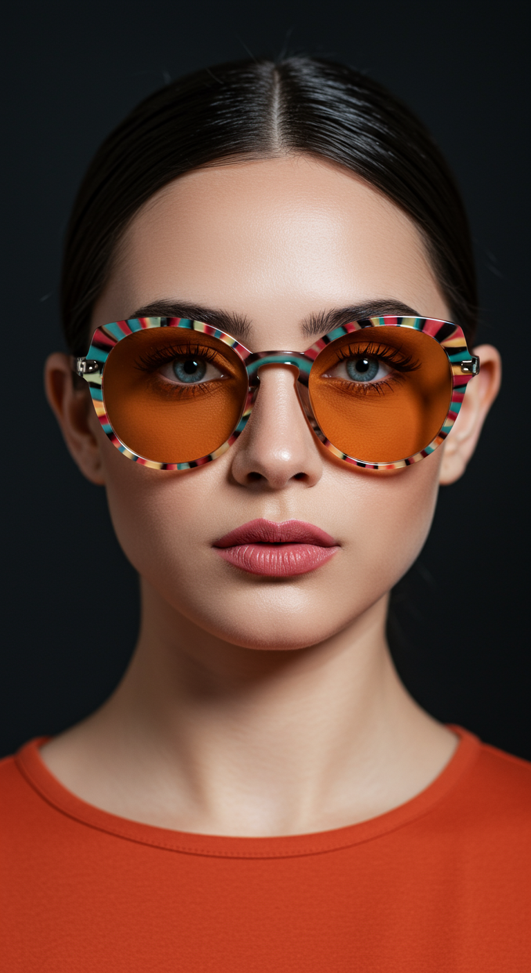Woman wearing an orange top and colorful striped sunglasses with orange lenses.