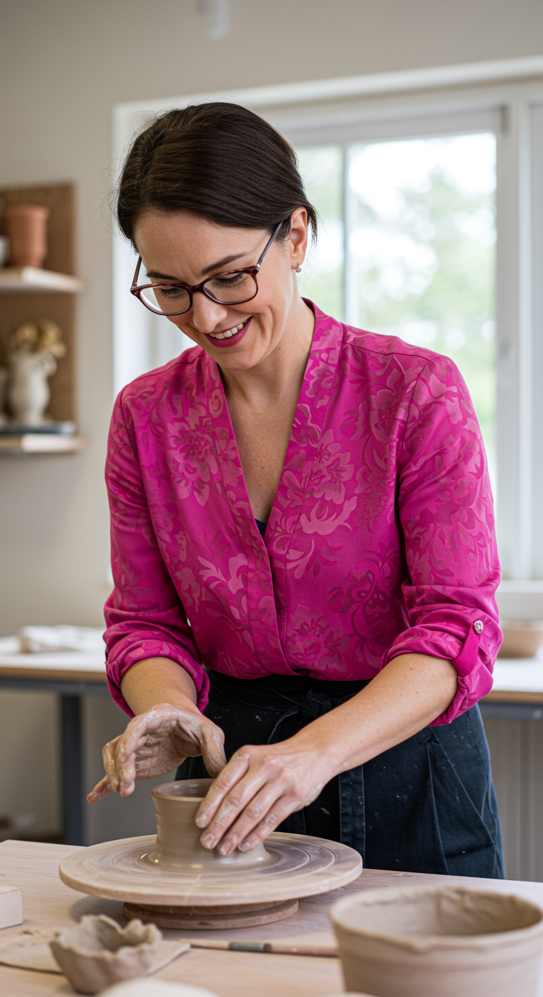 Woman in a pink patterned blouse and dark pants doing pottery.