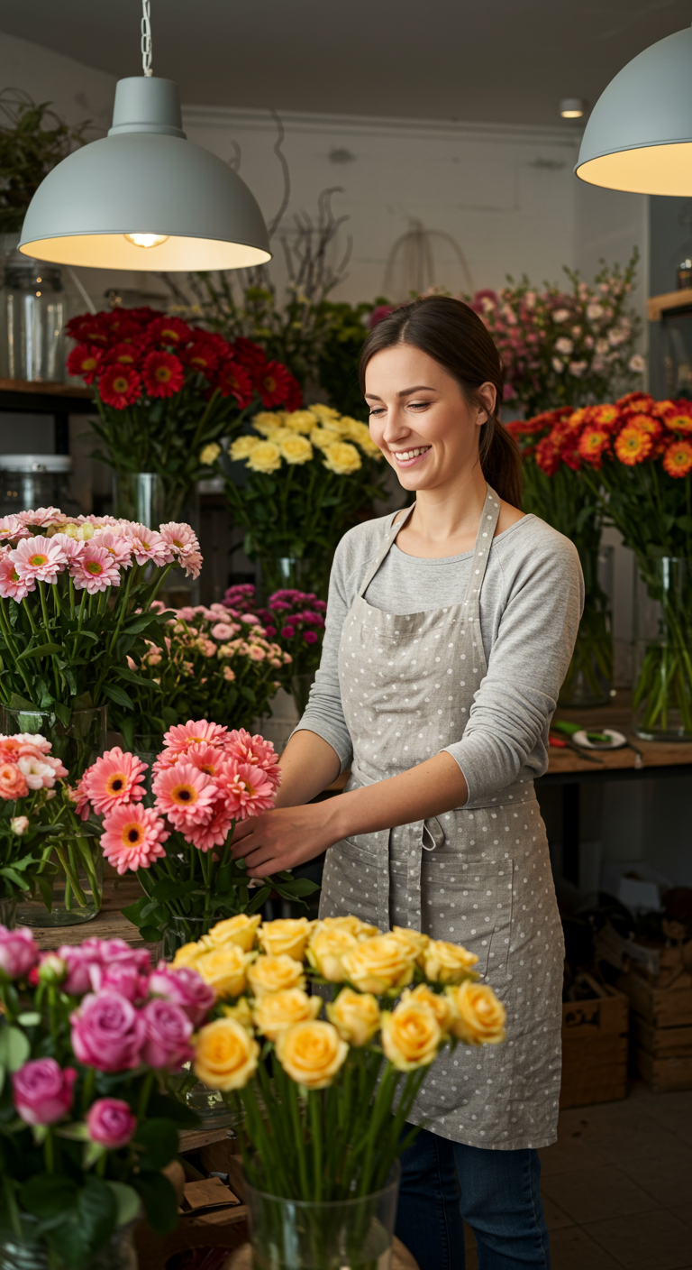 Woman in a flower shop wearing a grey top and subtle polka dot apron.