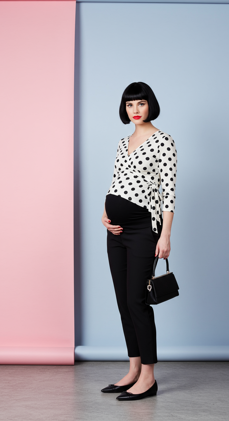 Pregnant woman in a polka dot wrap top and black pants with a bob haircut.