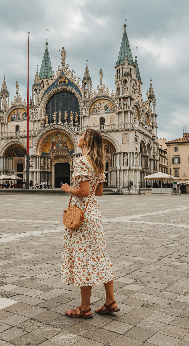 Woman in floral dress with straw bag in front of St. Mark's Basilica.