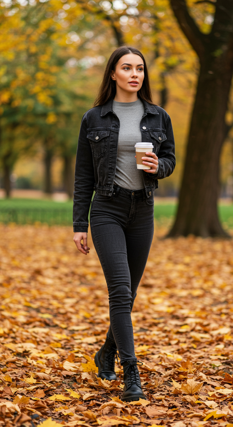 Woman in denim jacket, skinny jeans, and combat boots walking in autumn park.
