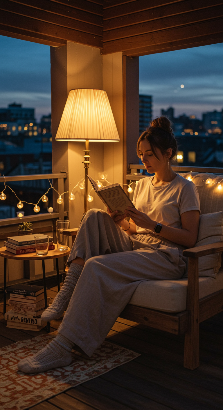 Woman reading a book in comfortable loungewear on a cozy, lit rooftop balcony at night.