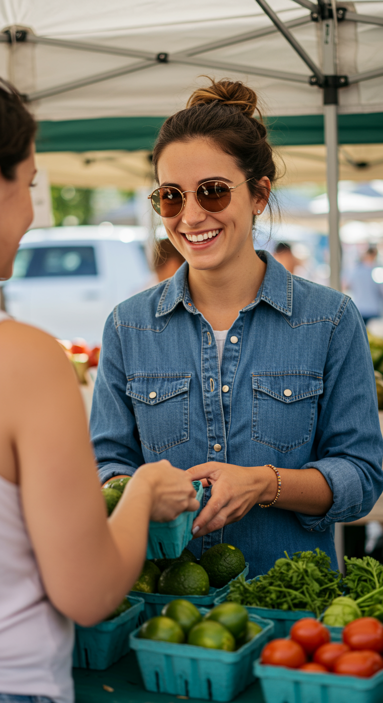 Woman in a denim shirt and round gold-rimmed sunglasses at a farmers market.