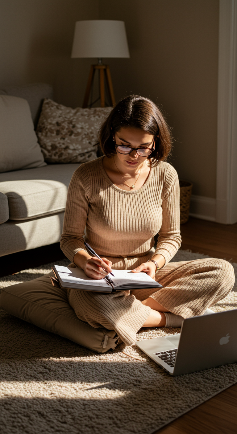 Woman in a beige ribbed knit set and glasses writing in a notebook on the floor with a laptop.