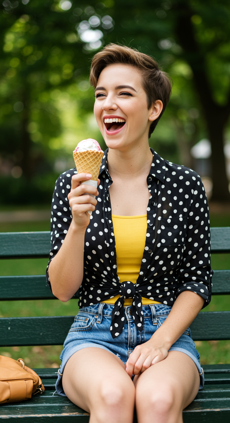 Woman eating ice cream on a park bench in a tied polka dot shirt and yellow tank.