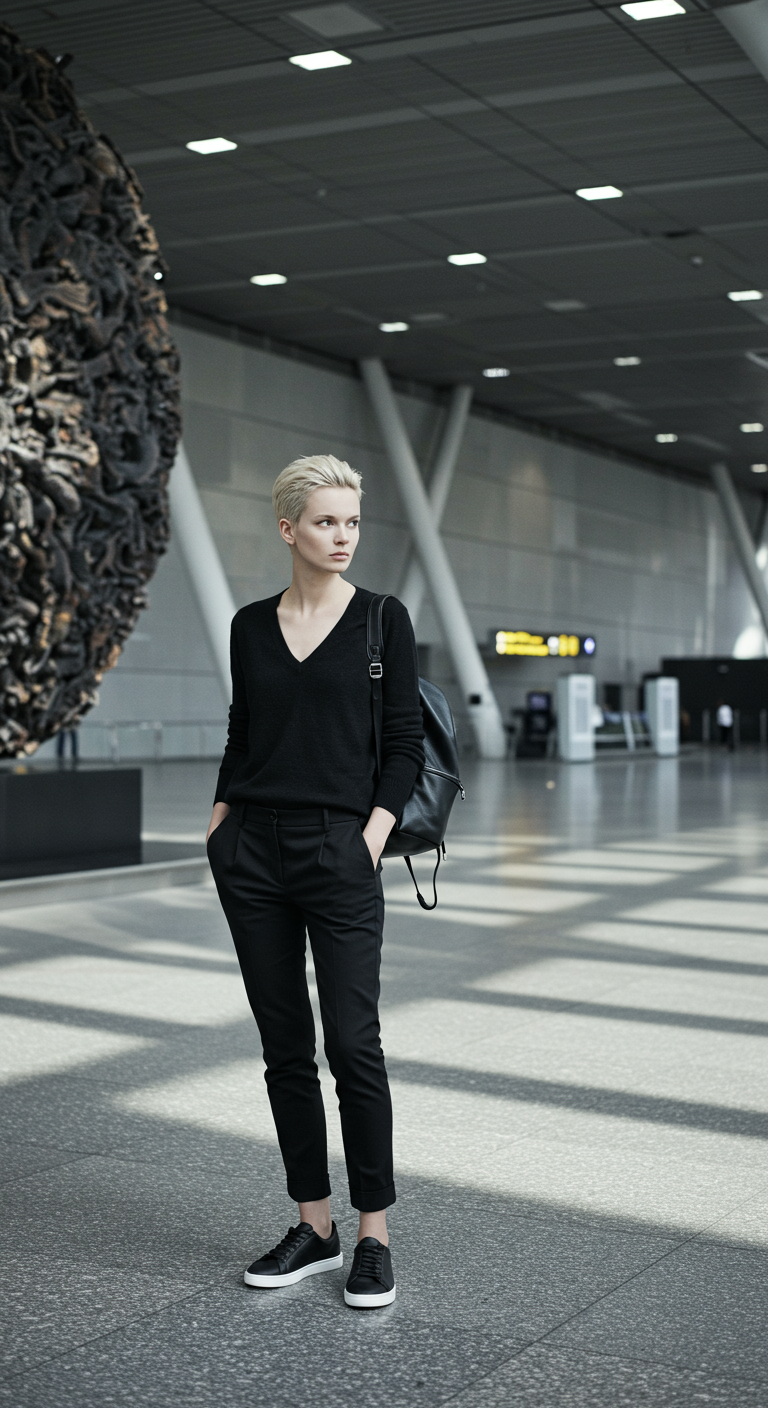 Woman with short blonde hair in an all-black outfit with a backpack in an airport.