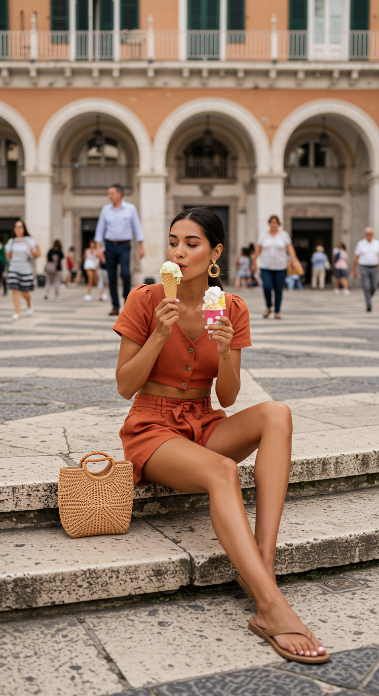 Woman in terracotta co-ord set eating ice cream on steps.