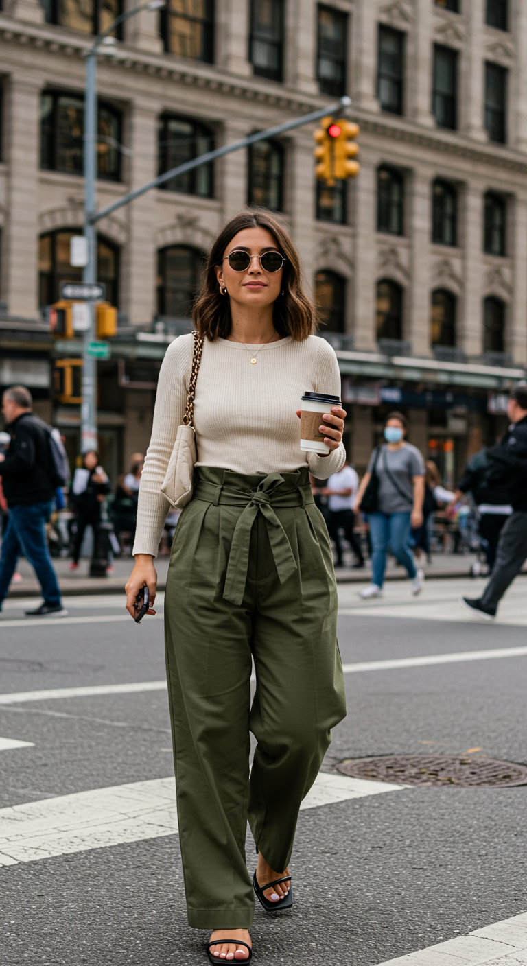 Woman in a cream top, olive paperbag pants, and heeled sandals in the city.