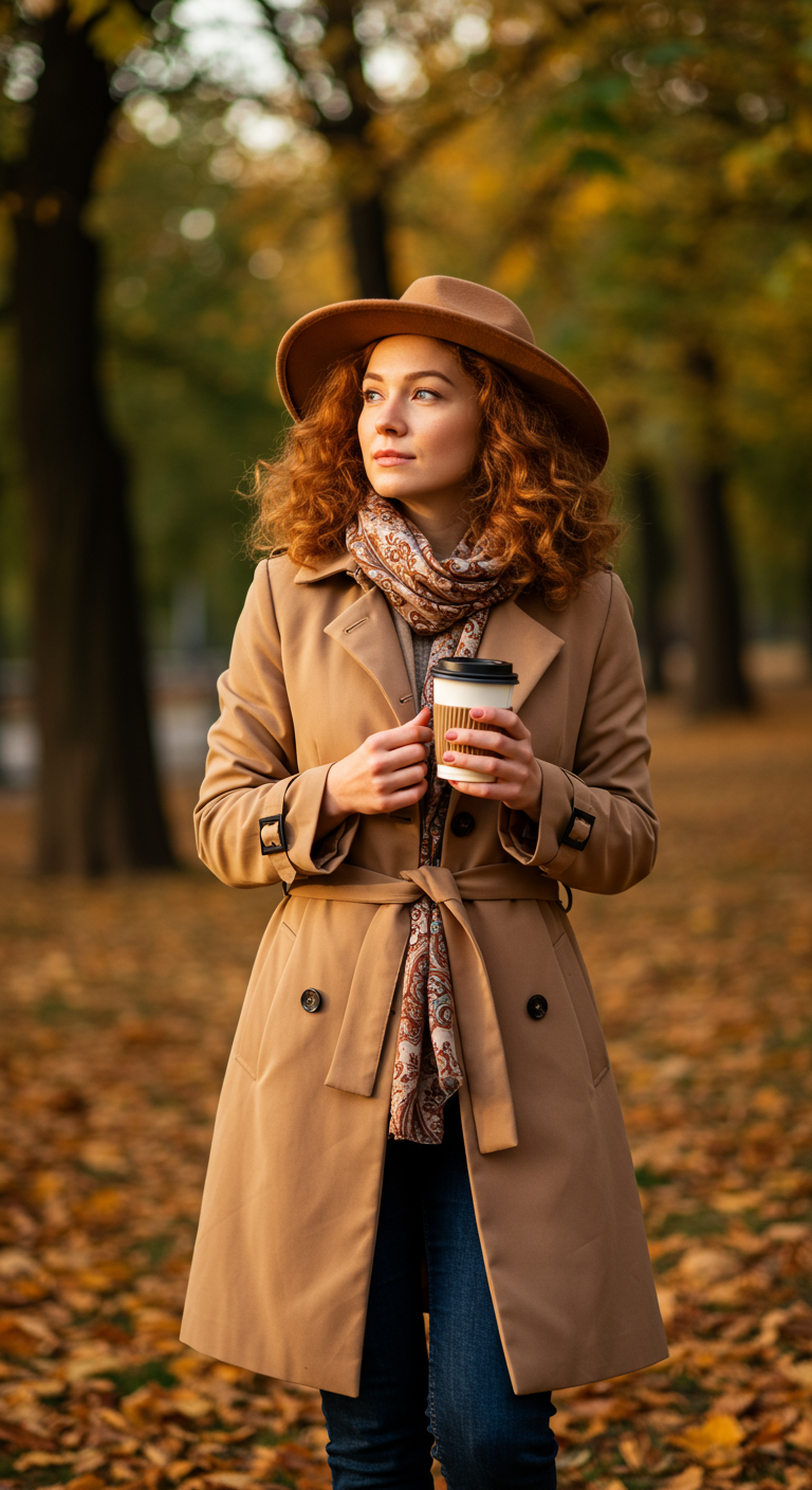 Woman in camel fedora and trench coat in an autumn park.