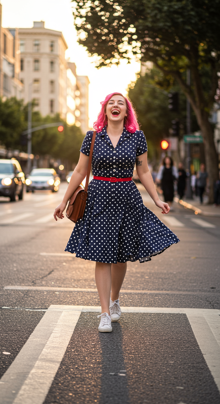 Woman with pink hair in navy polka dot dress crossing a city street.