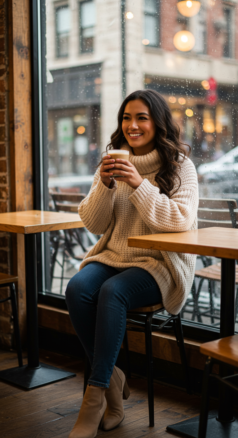 Woman in cream turtleneck sweater and jeans smiling by a rainy coffee shop window.