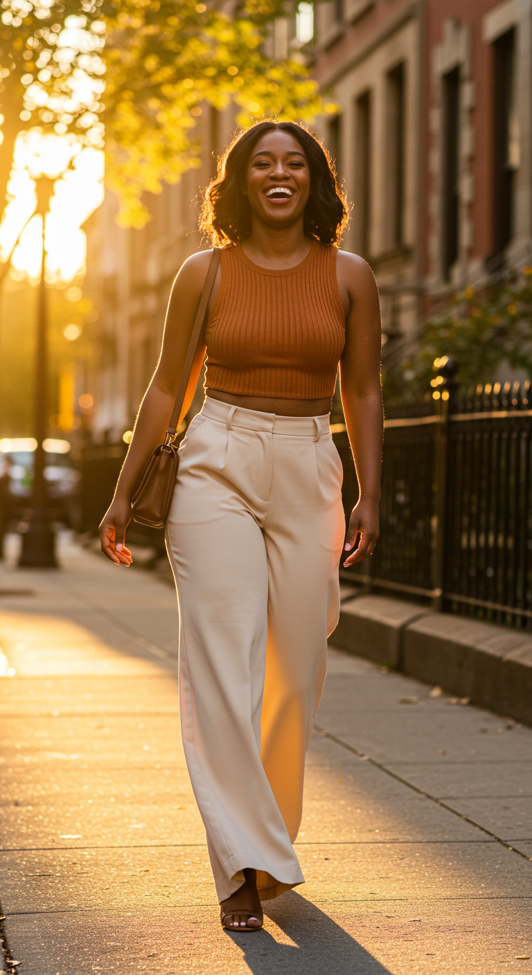 Woman smiling in terracotta crop top and cream wide-leg pants at sunset.