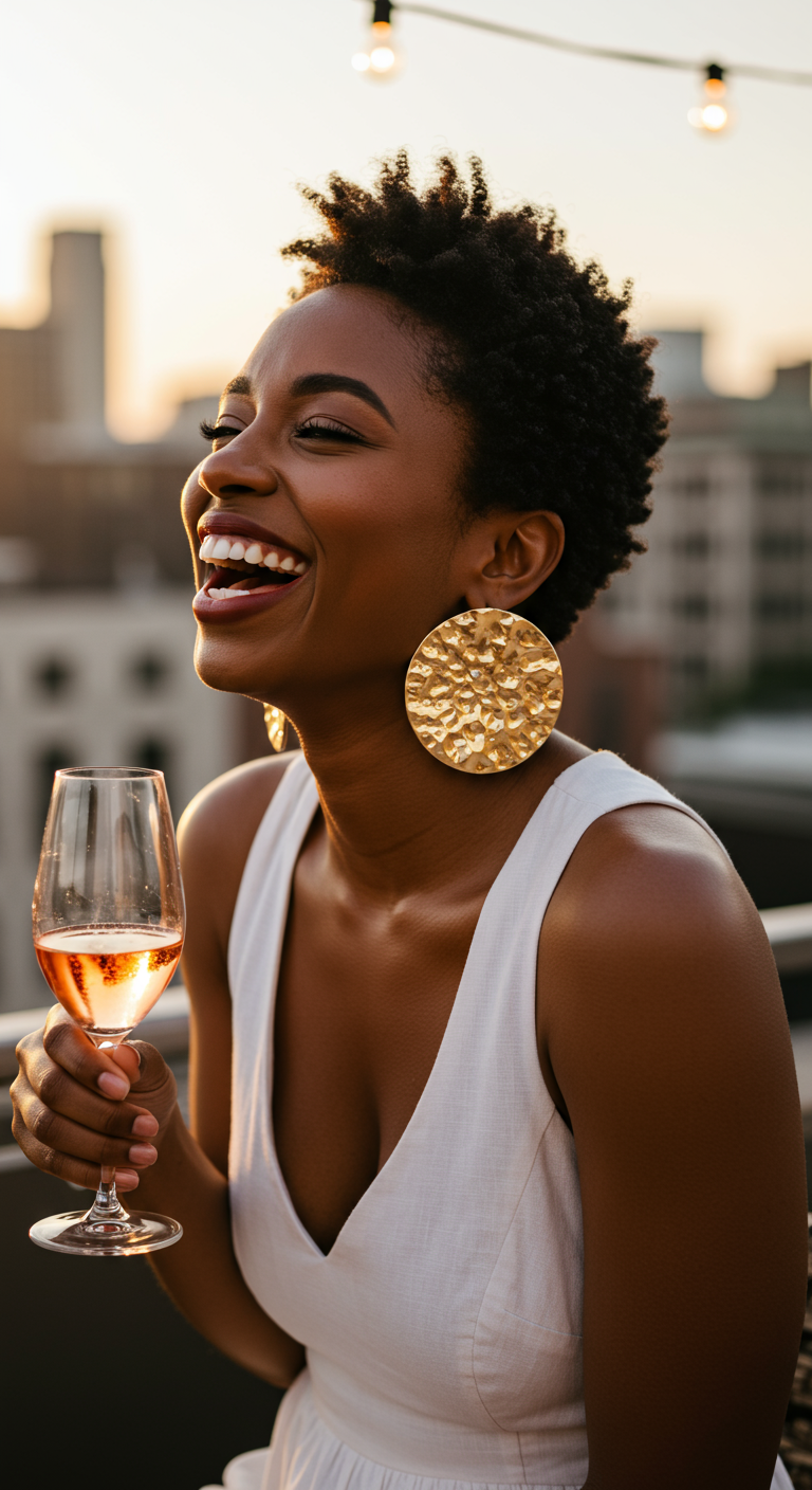 Woman laughing with rosé, wearing gold disc earrings and white top at sunset.