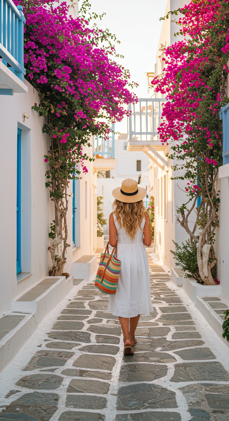 Woman in white dress and straw hat in a Greek alley.