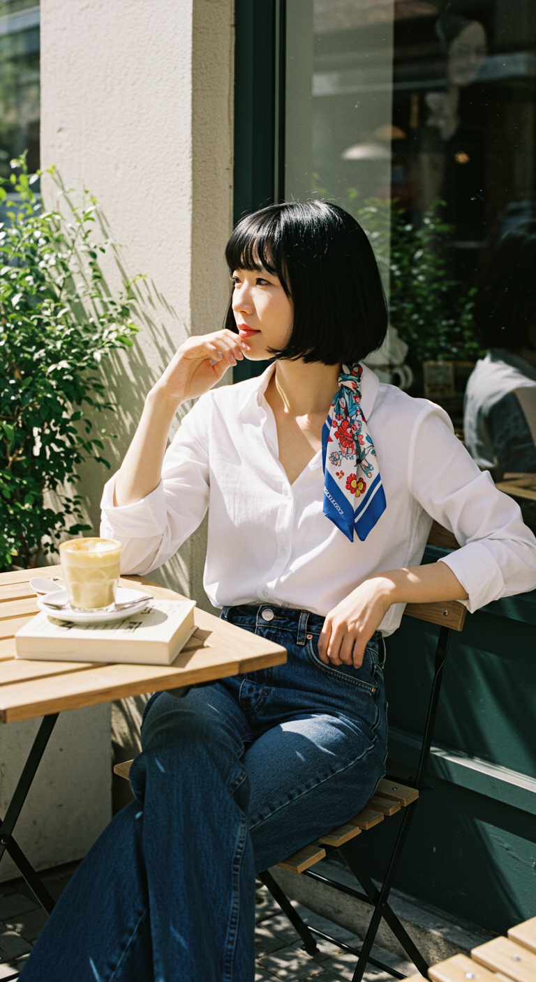 Woman with black bob at a cafe table, wearing white shirt, jeans, and floral neck scarf.