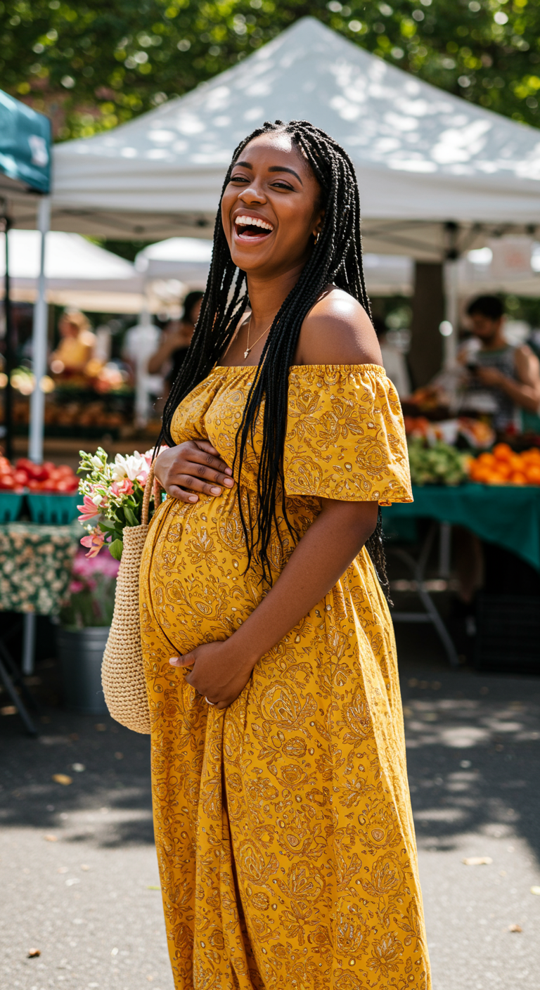 Pregnant woman in yellow floral off-shoulder maxi dress laughing at a market.