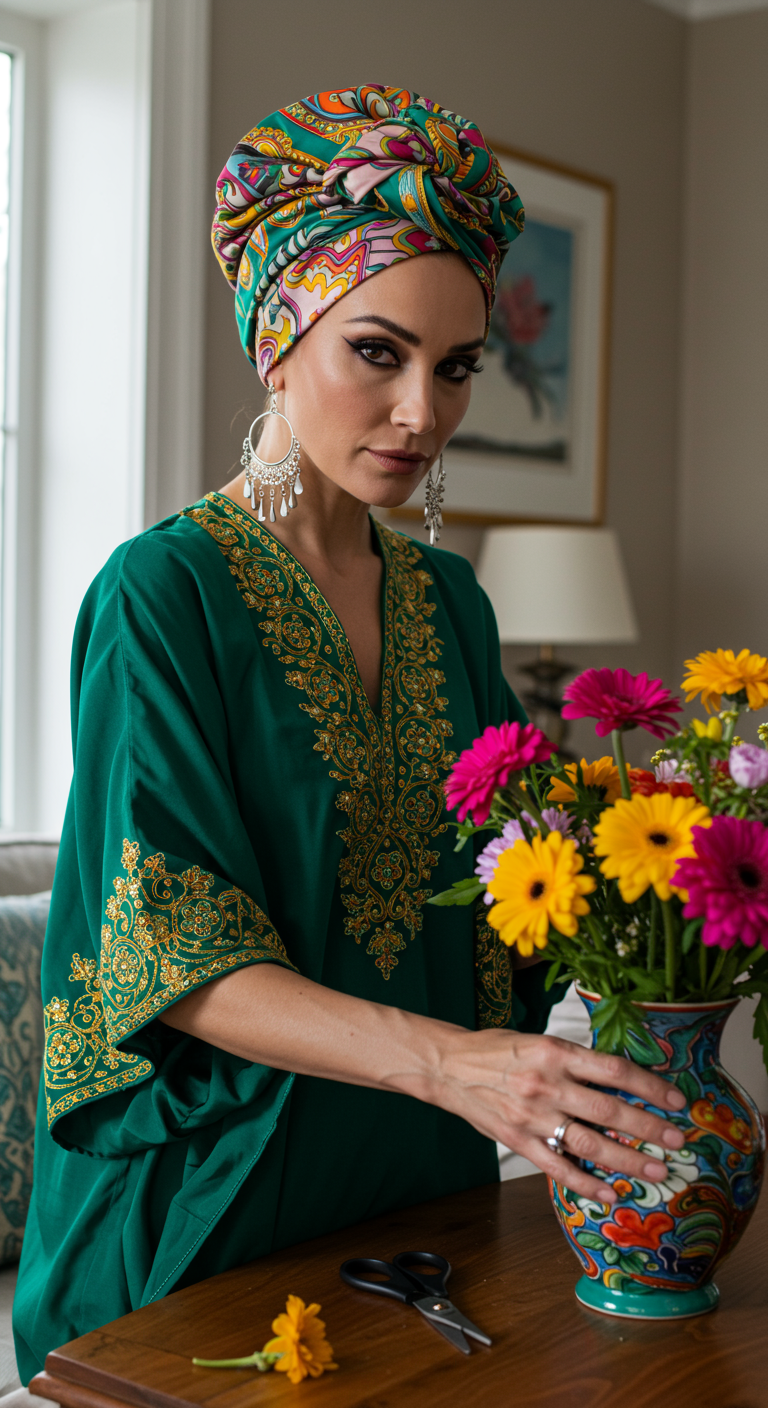 Woman in colorful silk turban and green embroidered kaftan arranging flowers.