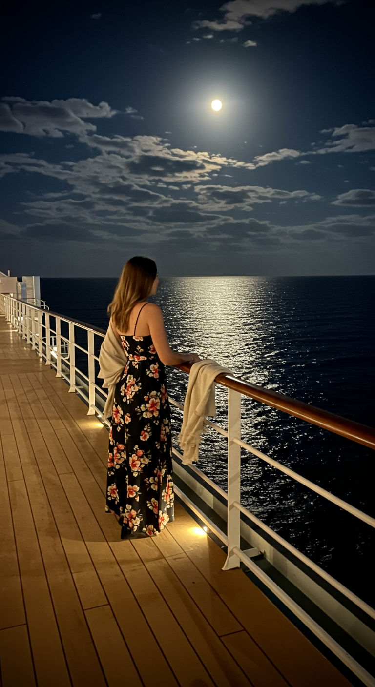 Woman in floral maxi dress on cruise deck under a full moon.