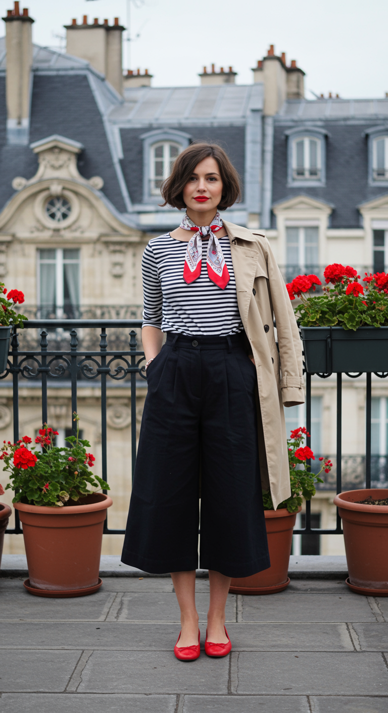 Woman in Parisian chic outfit with striped top and culottes on a European-style rooftop.