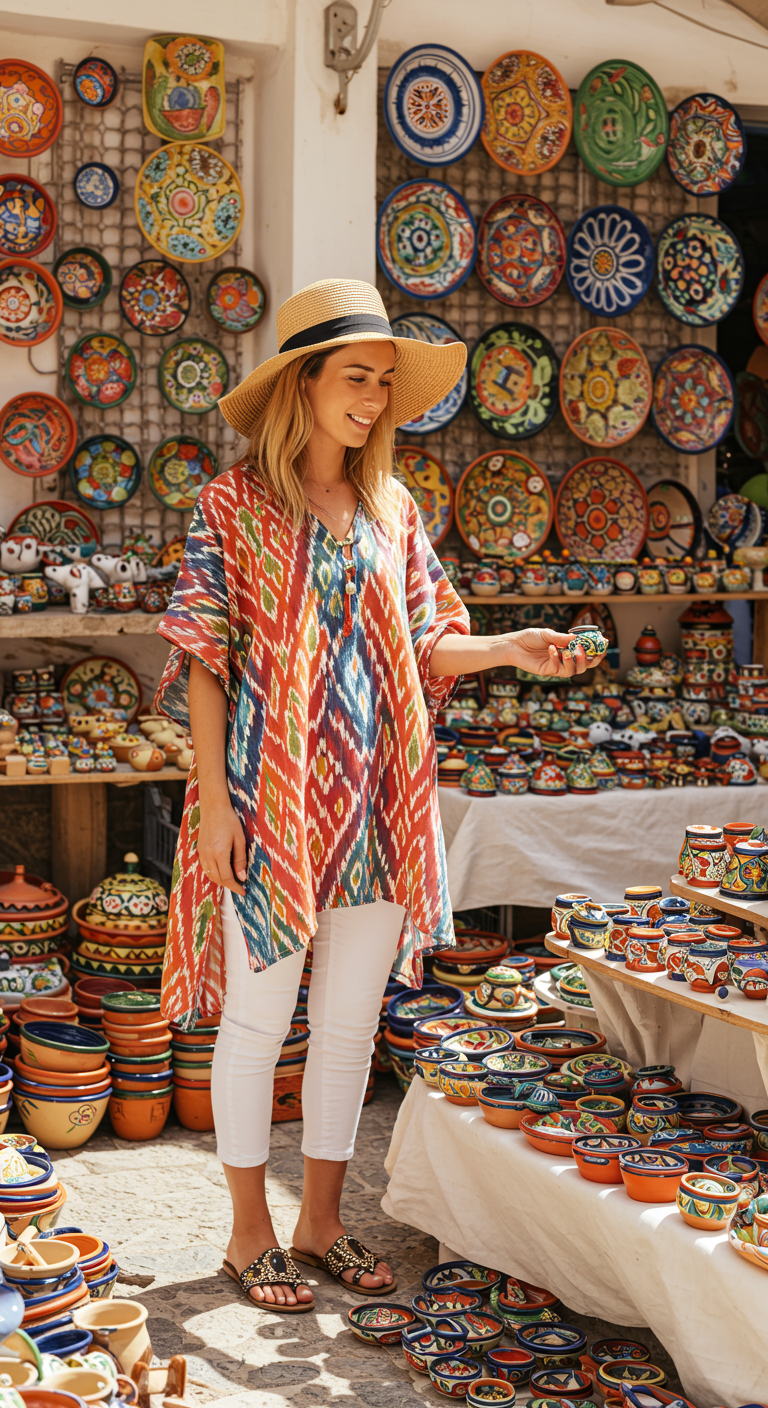 Woman in colorful tunic and white jeans at a pottery market.