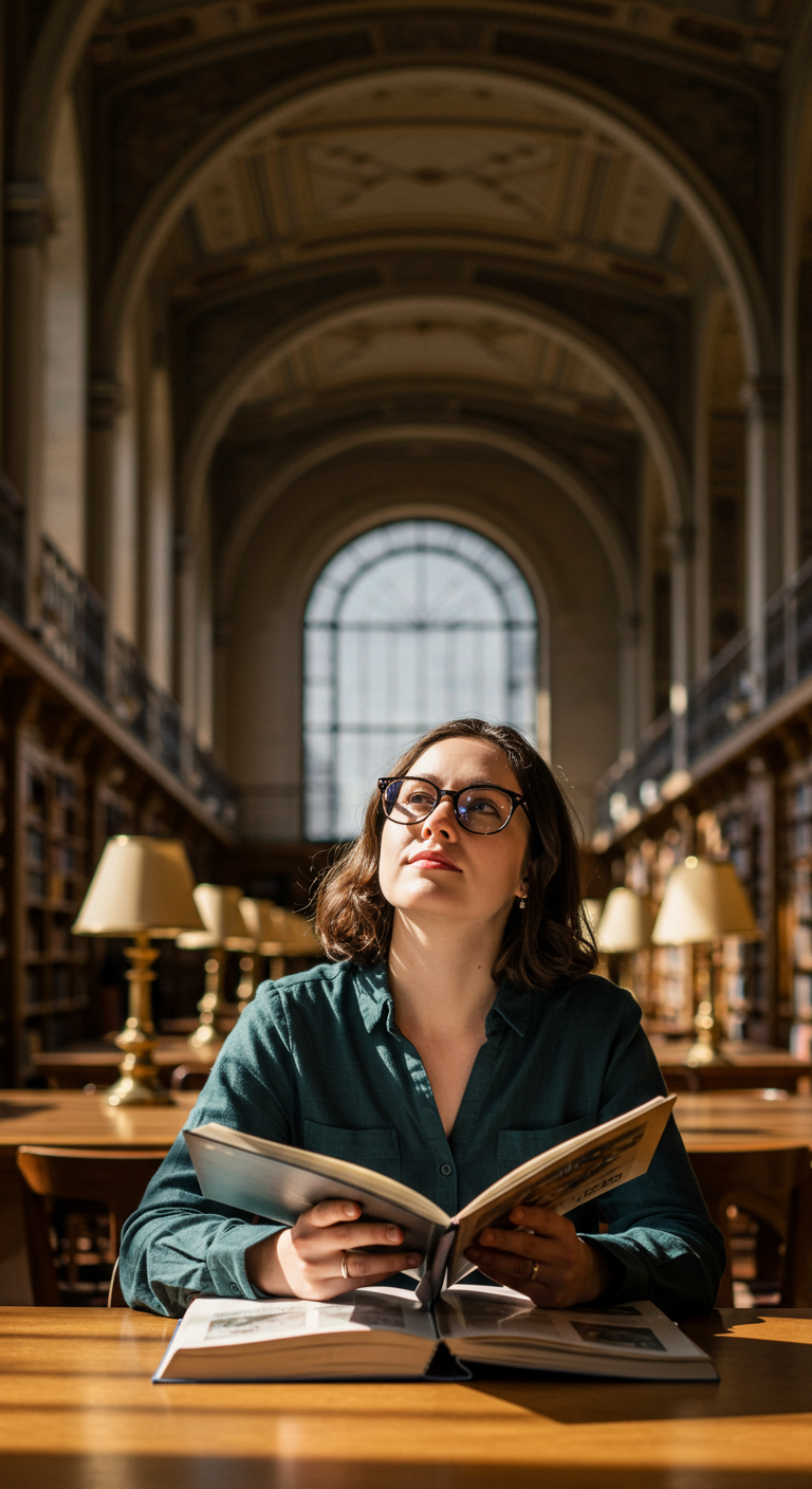 Woman with tortoiseshell optical glasses and a green blouse in a library.