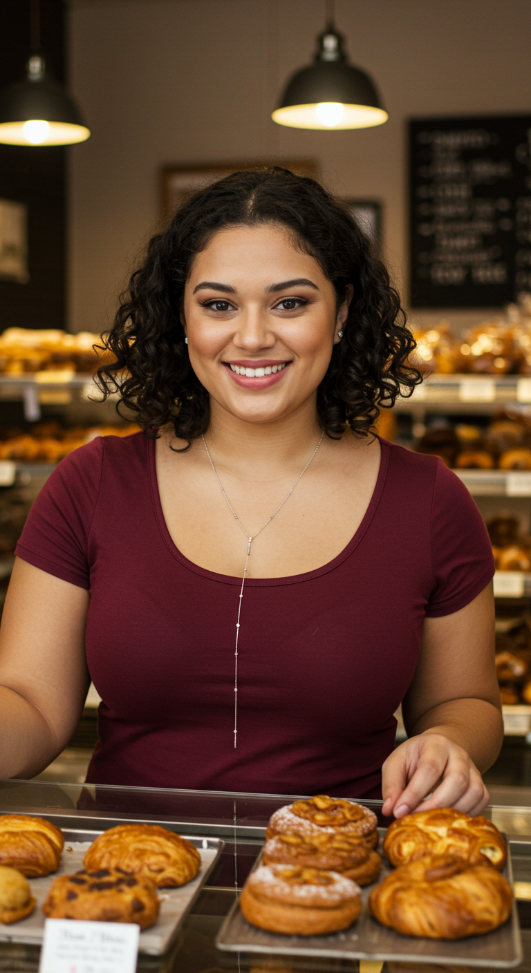 Woman in a burgundy scoop-neck top smiling behind a pastry counter.
