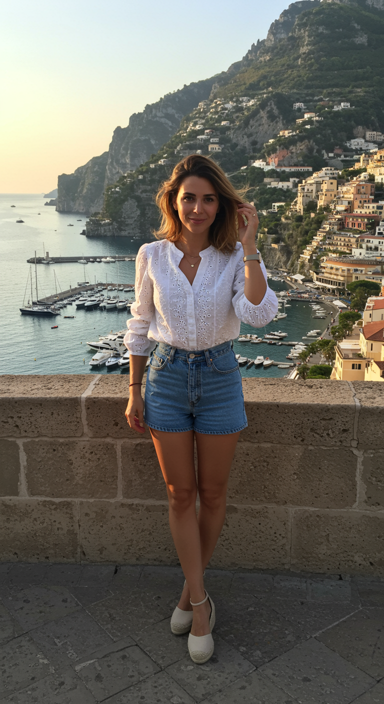 Woman in white eyelet blouse and denim shorts overlooking coast.