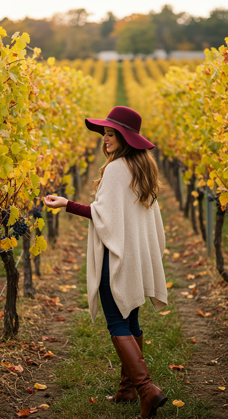 Woman in burgundy fedora, cream poncho, and boots in a vineyard.