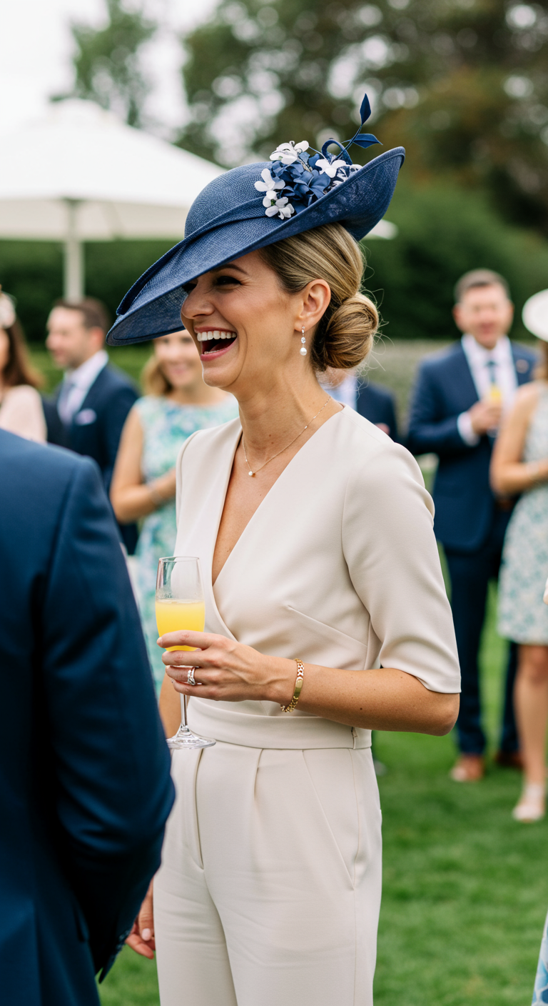 Woman in large navy statement hat and cream jumpsuit at an outdoor event.