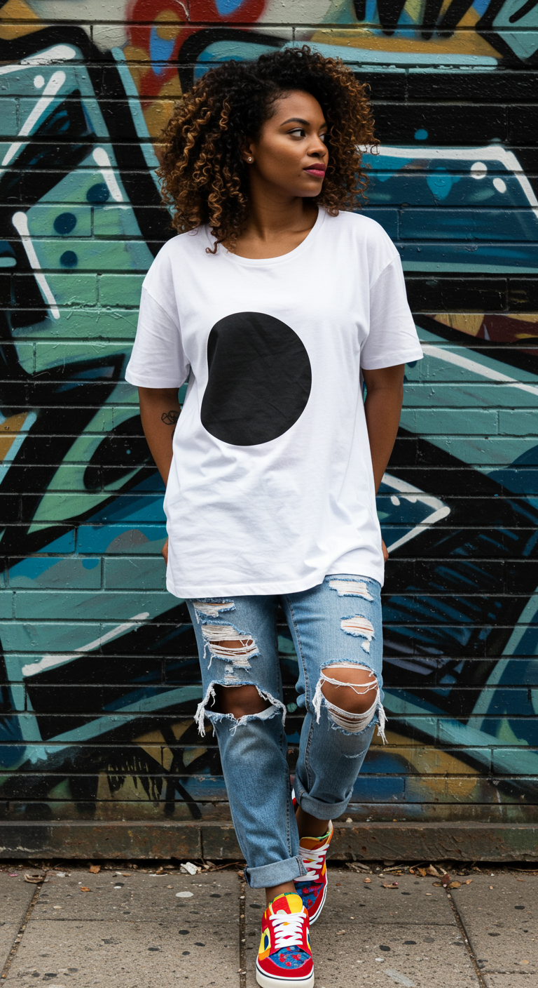 Woman in white tee with large black dot and ripped jeans against a graffiti wall.