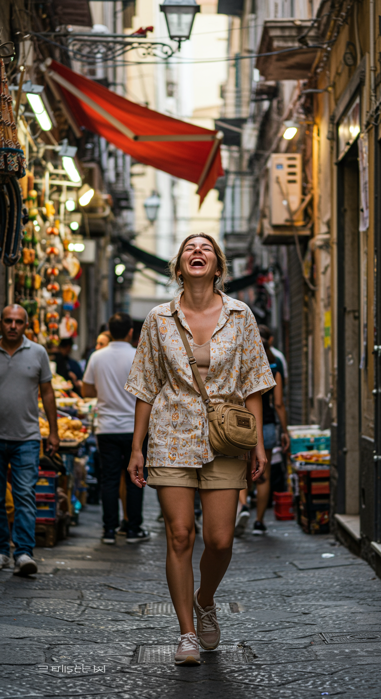 Woman in printed shirt and shorts laughing in a narrow street.