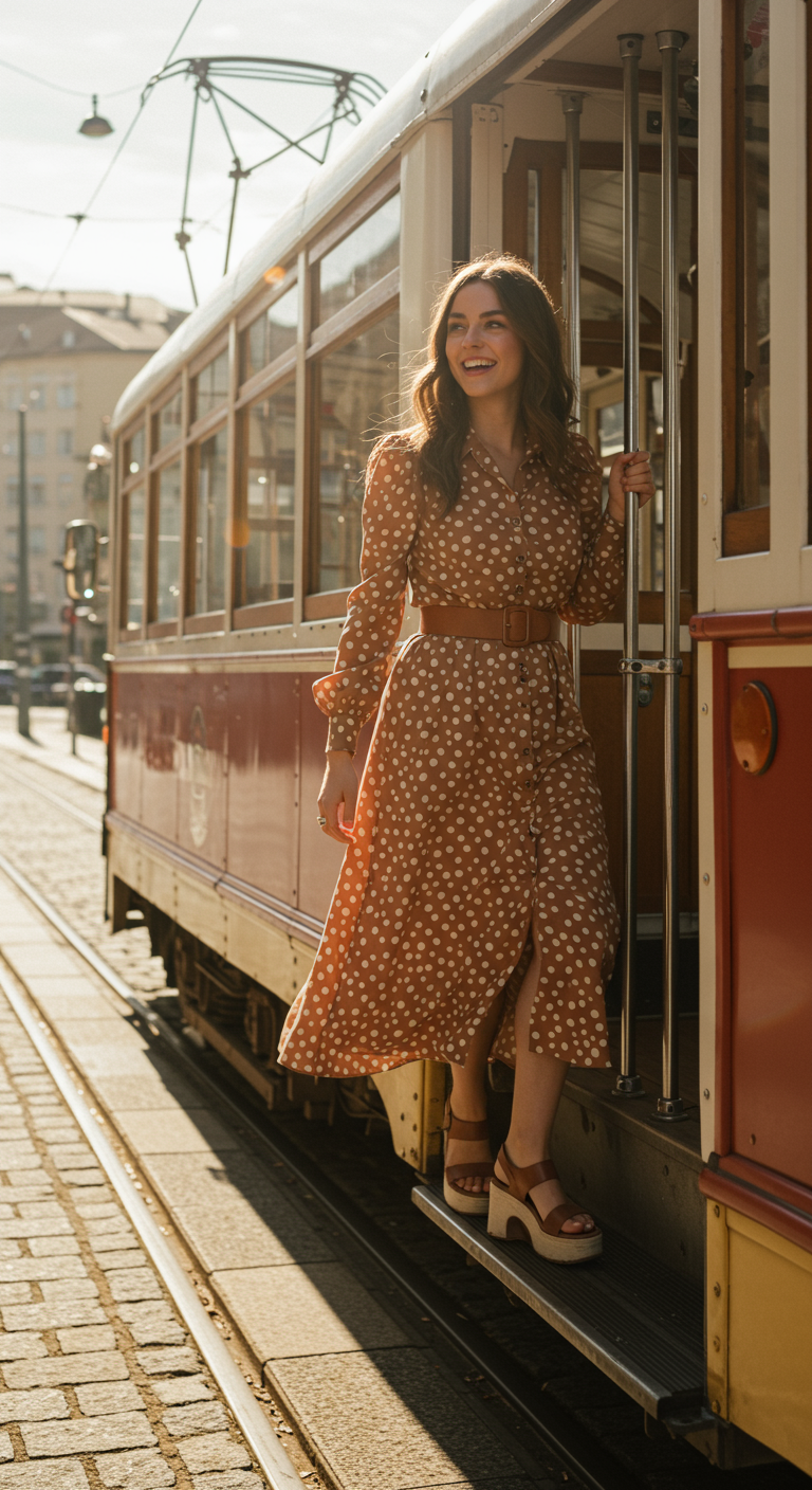 Woman in terracotta polka dot midi dress and platform sandals stepping off a tram.