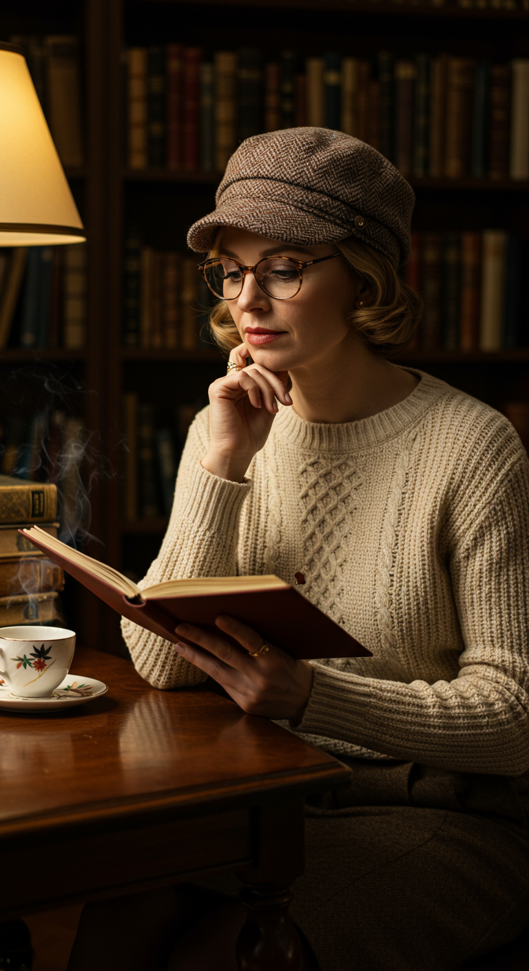 Woman in tweed newsboy cap and cream cable knit sweater reading a book.