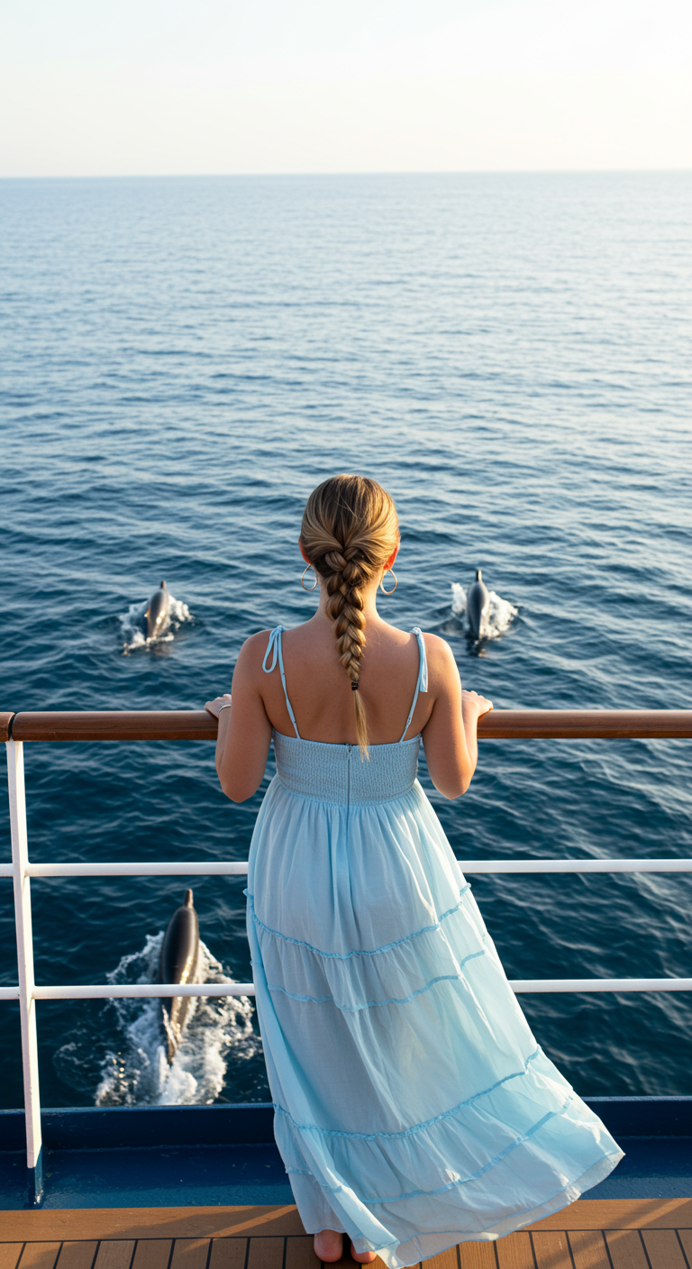 Woman in light blue maxi dress watching dolphins from a cruise ship.