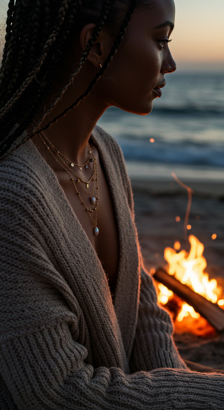 Woman by a bonfire wearing a knit cardigan and layered gold necklaces.