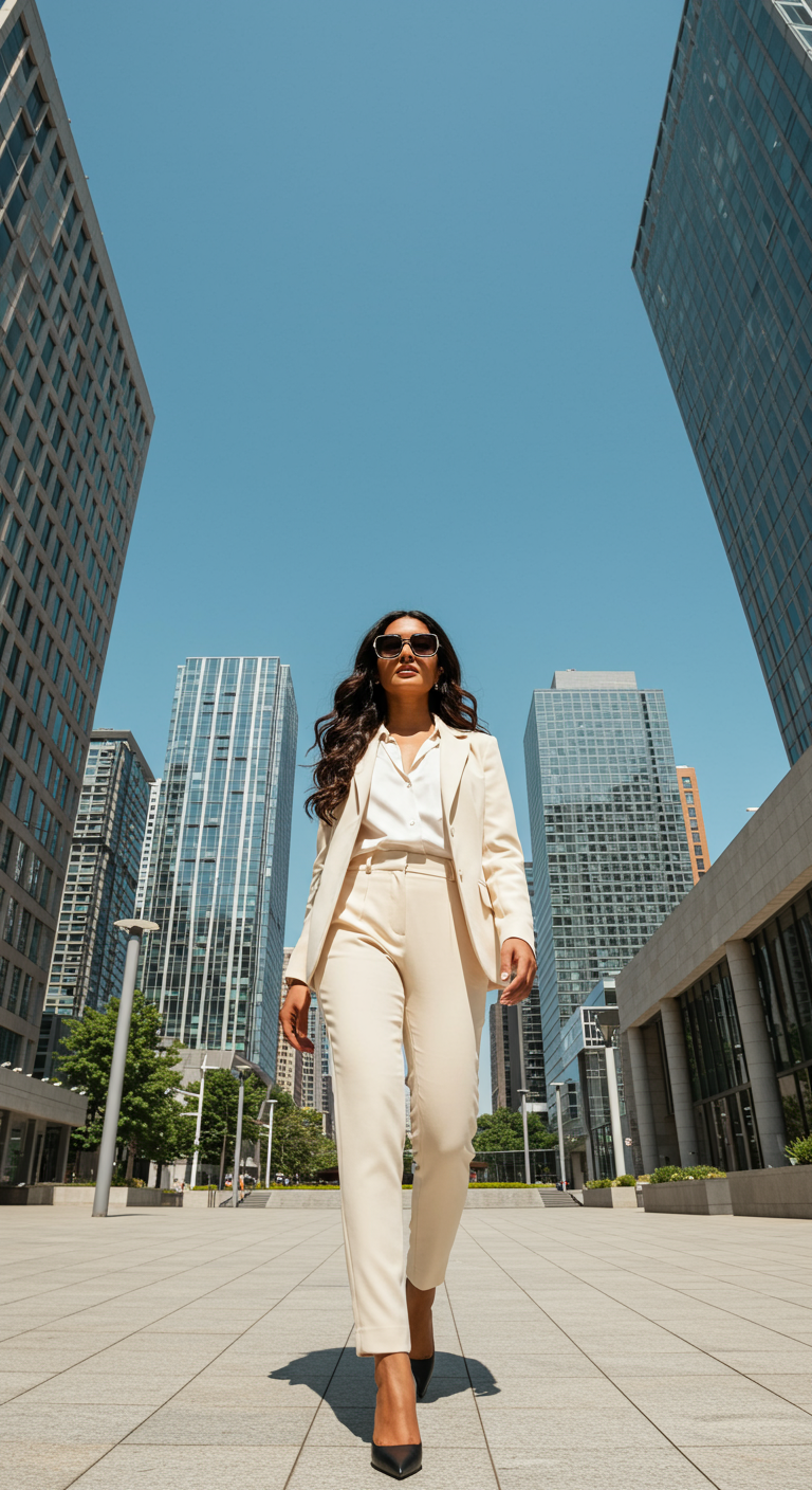 Woman in a cream pantsuit and aviator sunglasses in the city.