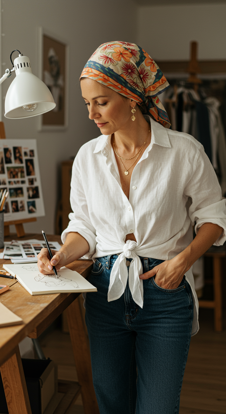 Woman in a white linen shirt, jeans, and headscarf sketching at a desk.